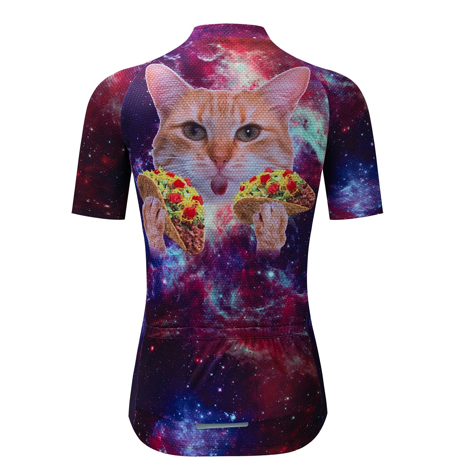 The Womens Tacos Cat Cycling Jersey Set features a whimsical design of a taco-holding cat against a galaxy backdrop, blending space and food imagery. Perfect for those who love playful elements on their rides; pair it with a gel seat pad for added comfort.