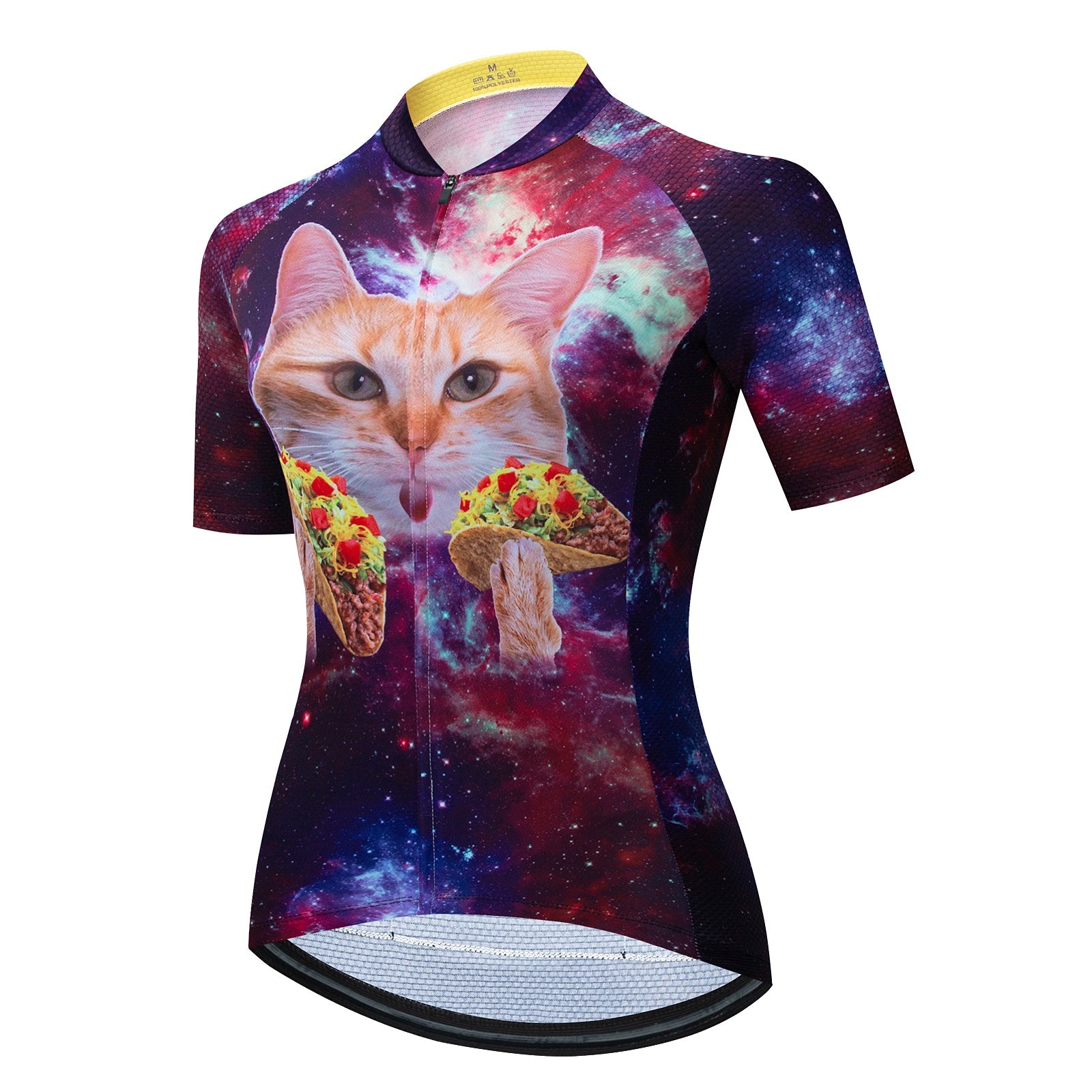 Introducing the Womens Tacos Cat Cycling Jersey Set: a whimsical design with a cat surrounded by tacos against a colorful cosmic backdrop. Includes a gel seat pad, zipper, and short sleeves for ultimate comfort on your ride.