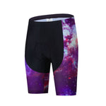 Cycling shorts featuring a galaxy design with vibrant purple, pink, and black shades resembling swirling nebulae and stars. Perfectly pairs with the Womens Tacos Cat Cycling Jersey Set for an out-of-this-world experience.