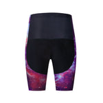 Galaxy-print cycling shorts feature vibrant pink, purple, and blue nebula patterns with a contrasting black top and central panel. Pair them with the Womens Tacos Cat Cycling Jersey Set for a stylish and comfortable complete cycling outfit.
