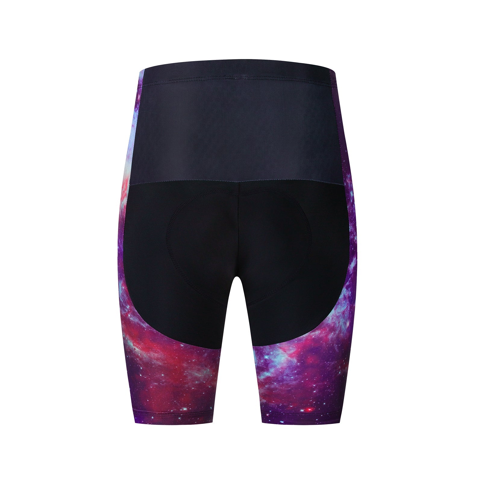 Galaxy-print cycling shorts feature vibrant pink, purple, and blue nebula patterns with a contrasting black top and central panel. Pair them with the Womens Tacos Cat Cycling Jersey Set for a stylish and comfortable complete cycling outfit.