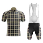 The Tartan Off Green Cycling Jersey Set features a retro vibe with a plaid design in beige, black, and red on the short-sleeve jersey. The black bib shorts come with white straps and matching tartan pattern sides for a cohesive cycling look.