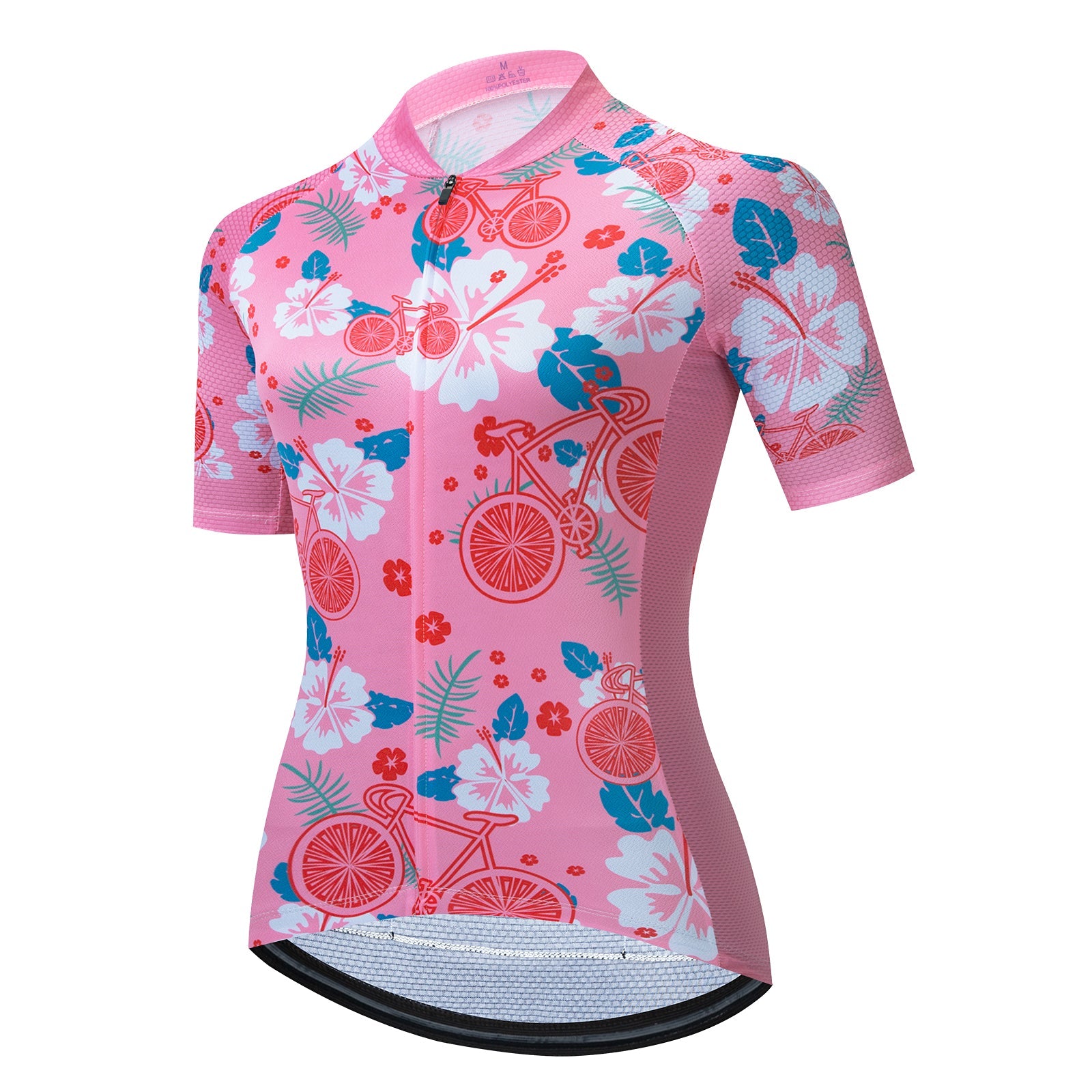 Introducing the Womens Pink Floral Cycling Jersey Set: a vibrant jersey with white, red, and blue bicycle patterns, featuring hibiscus flowers and palm leaves. This short-sleeve design comes with a full front zipper and breathable fabric for optimal comfort.