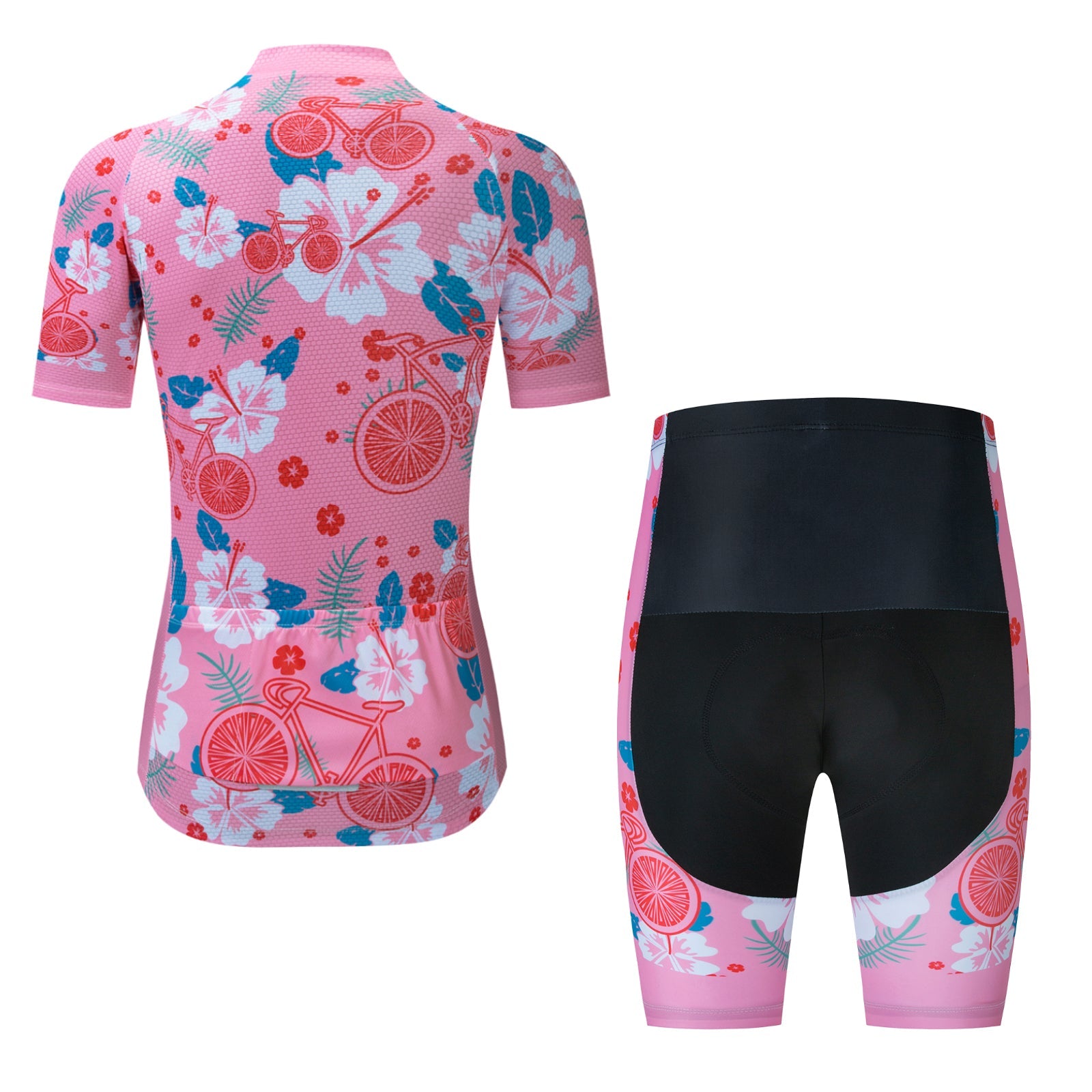 The Womens Pink Floral Cycling Jersey Set features a vibrant design with red bicycles, white leaves, and blue flowers. The back of the floral-themed jersey pairs with the front of the shorts, accentuated by sleek black panels.