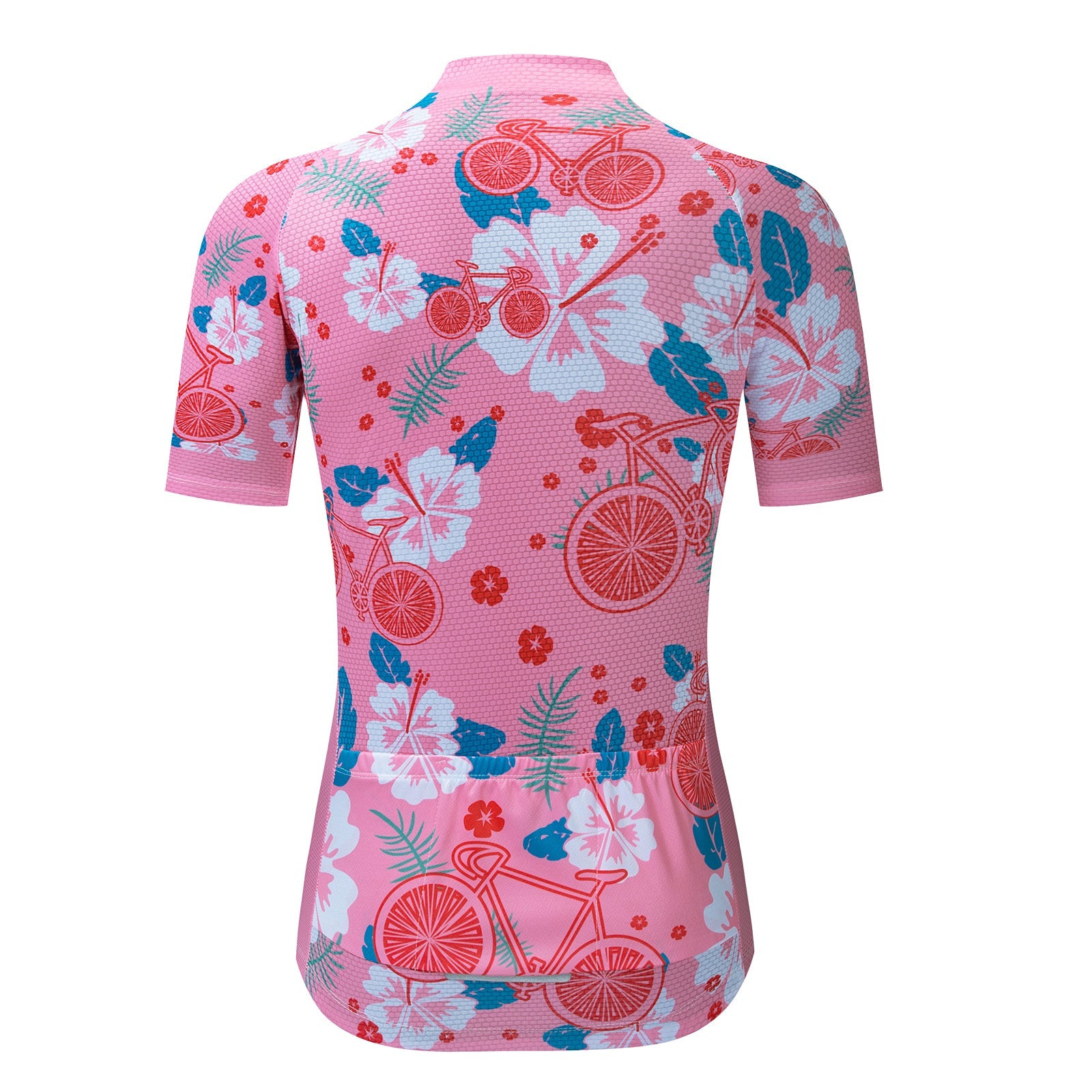 The Womens Pink Floral Cycling Jersey Set displays blue and pink bicycle patterns with white hibiscus blooms. This short-sleeved, floral cycling jersey features a mesh texture, fitted style, and handy back pockets.