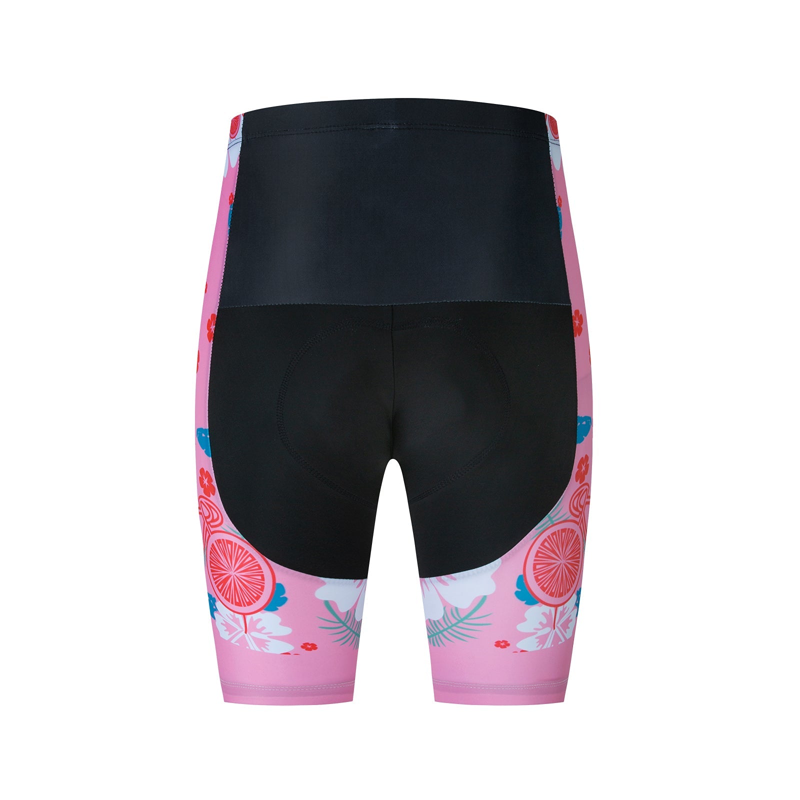 The Womens Pink Floral Cycling Jersey Set includes pink and black cycling shorts with grapefruit and floral patterns, complemented by a matching jersey featuring black panels on top with colorful side and bottom prints for a vibrant, unified look.
