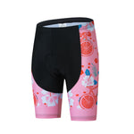 Cycling shorts from the Womens Pink Floral Cycling Jersey Set feature a black center panel and vibrant pink sides with a floral-themed pattern of bicycles, flowers, and leaves in red, blue, and white tones.