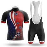 The American Flag Cycling Jersey Set includes a lightweight polyester short-sleeve jersey with a swirling flag design in red, white, and blue. Accompanied by breathable black bib shorts with red and white accents, this kit ensures optimal comfort and performance.