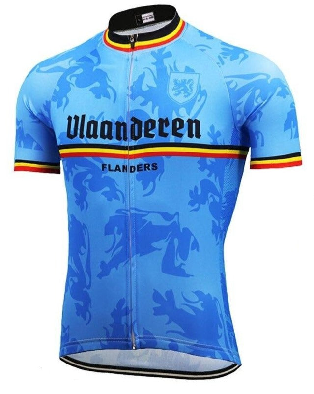 The Belgian Vlaanderen Flanders Retro Cycling Jersey is blue with Vlaanderen and Flanders text, features a bold lion motif, a front zipper, and has black, yellow, and red collar and sleeve stripes for classic Belgian flair.
