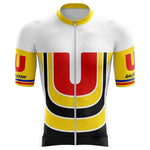 The Raleigh U Retro Cycling Jersey displays large red and black U curves on a white background. Its made of lightweight polyester with yellow sleeves featuring Raleigh and red-blue stripes, along with a front zipper for enhanced performance.