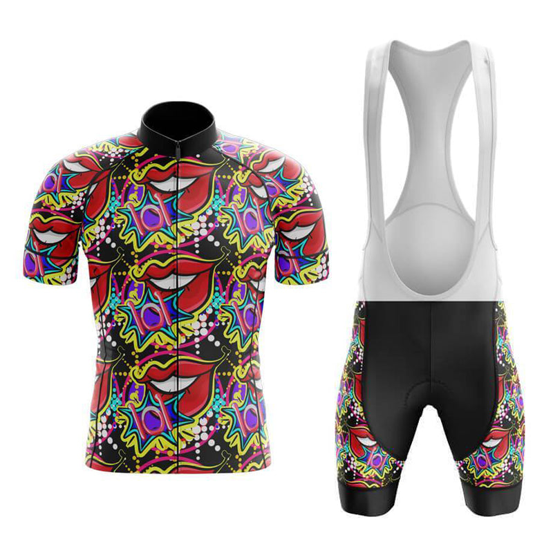 The Jazzy Lips Retro Cycling Jersey Set features a vibrant abstract pattern with red, blue, purple, and yellow accents. It includes a short-sleeve jersey and bib shorts with black collar and panels and offers enhanced comfort with a seamlessly integrated gel seat pad.