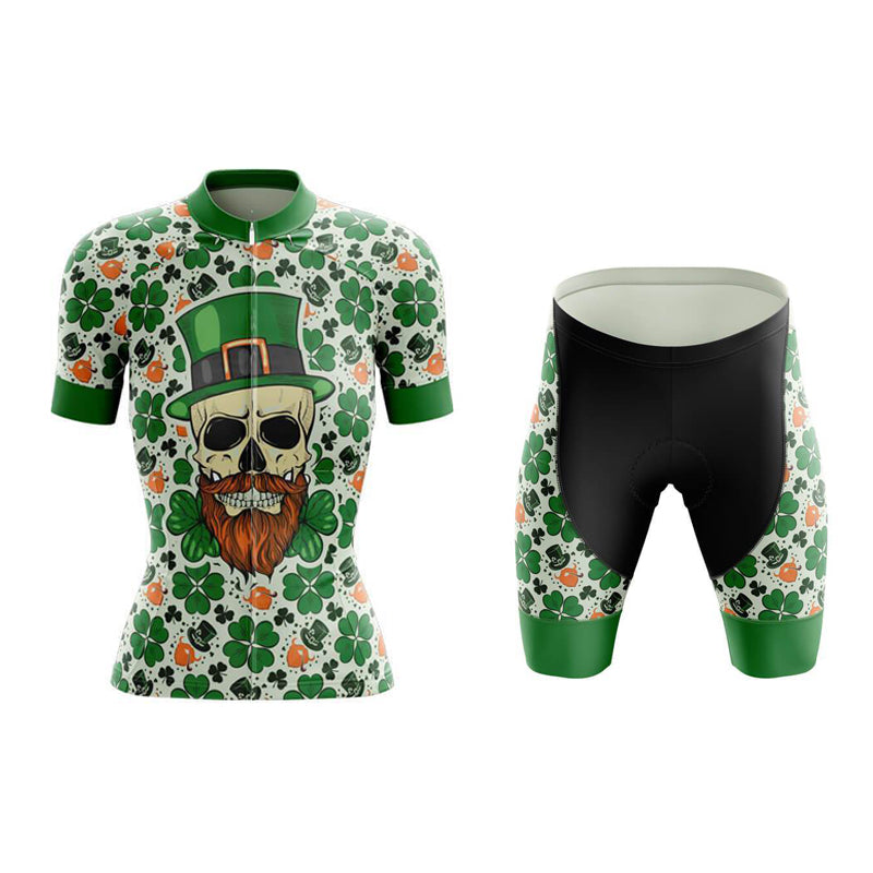 Introducing the Womens Lucky Irish Skull Cycling Jersey Set: a St. Patricks Day-ready womens outfit featuring a green and white shamrock-patterned jersey with a bearded skull in a green hat, paired with predominantly black shorts accented in green with shamrocks.