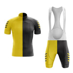 The Yellow Split Cycling Jersey Set includes a lightweight polyester jersey in half yellow, half black with a striped sleeve, and matching bib shorts. The shorts feature yellow and black panels, a gel seat pad, and white straps for optimal comfort.