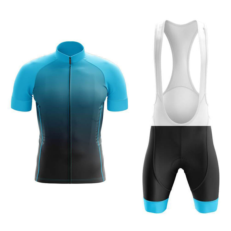 Introducing the Blue Shade Cycling Jersey Set: a front-zip, short-sleeve polyester jersey with blue shoulders and a dark gradient body, paired with black bib shorts featuring blue leg cuffs. Enjoy breathable comfort and visible back design on the bib shorts.