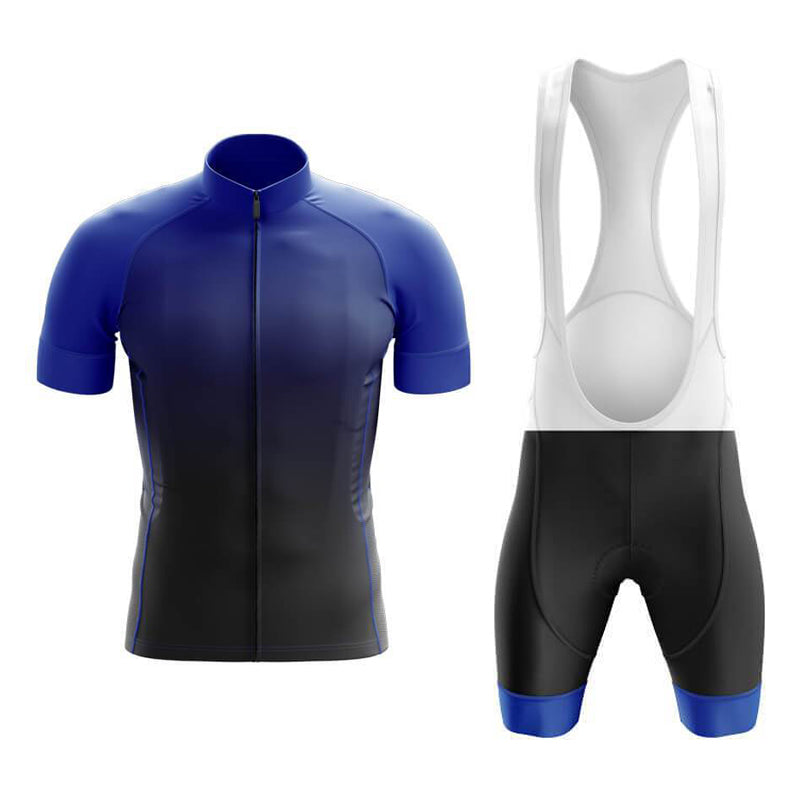 Discover the Dark Blue Shade Cycling Jersey Set for superior comfort and performance, highlighting a breathable blue and black short-sleeve jersey with a front zipper, matched with lightweight polyester black bib shorts featuring blue leg grippers and white shoulder straps.