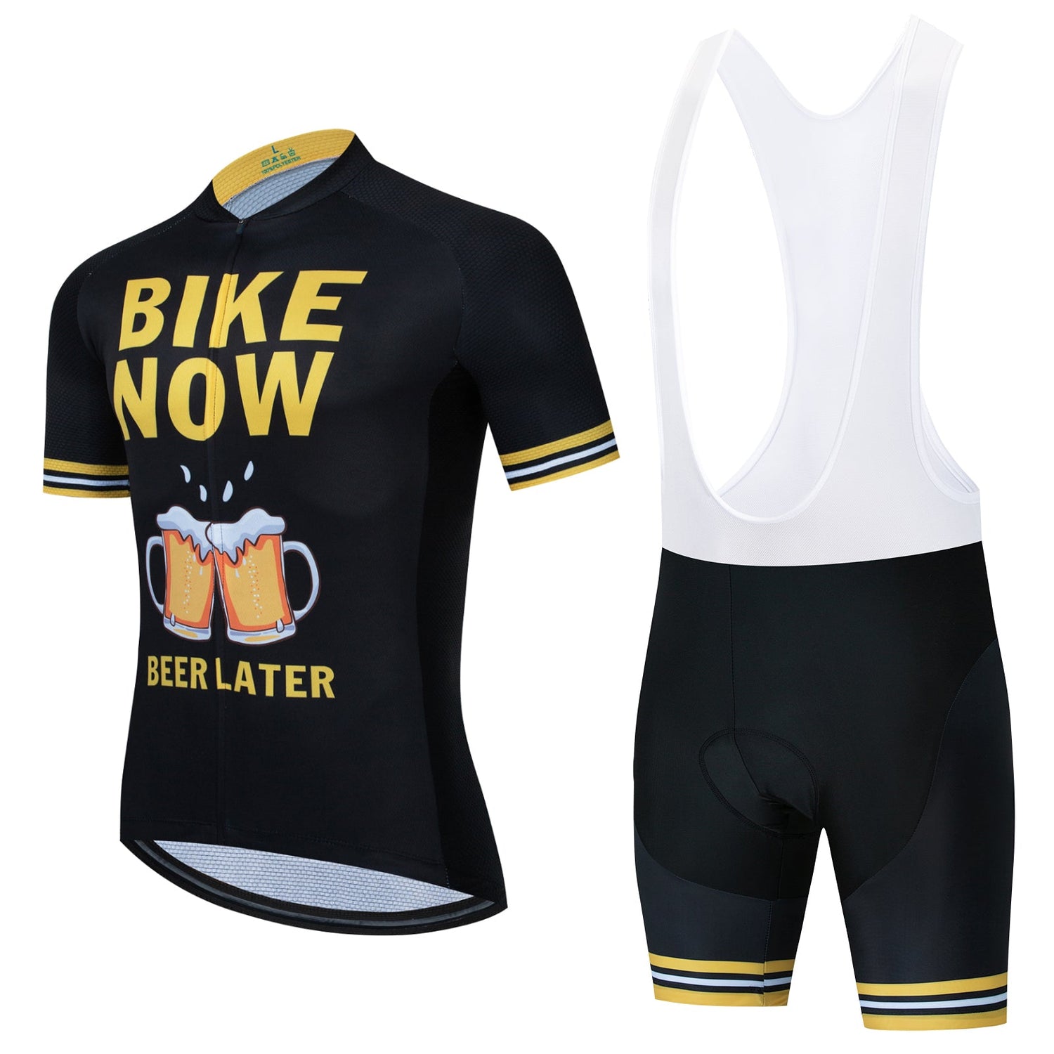 The Bike Now Beer Later Cycling Jersey Set includes a black, beer-themed jersey with BIKE NOW BEER LATER and clinking mugs. Yellow and white stripes enhance the sleeves and shorts. The bib shorts feature a gel seat pad for comfort on long rides.