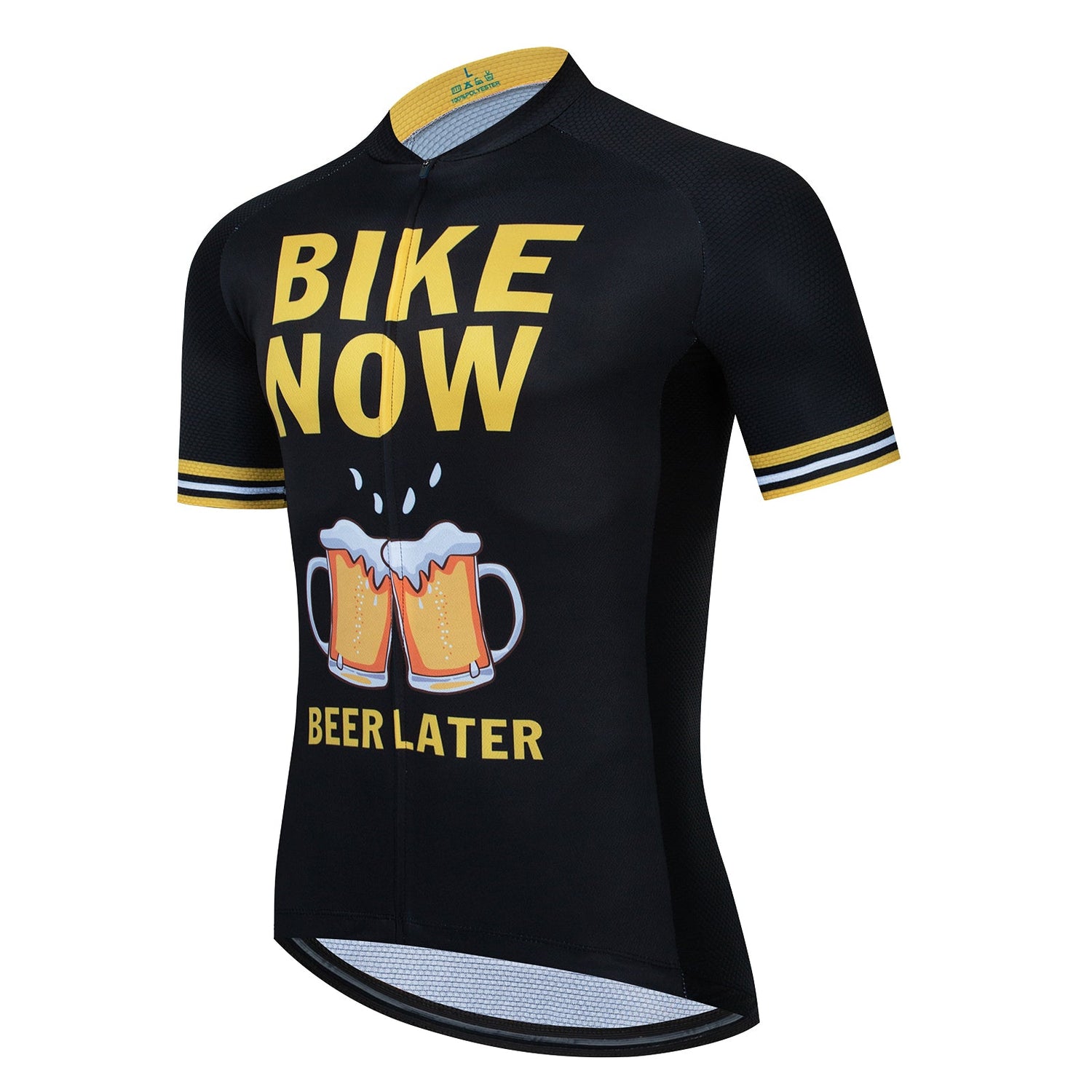 Black short-sleeve cycling jersey from the Bike Now Beer Later Cycling Jersey Set featuring a beer-themed phrase in bold yellow and white, with clinking frothy mugs beneath it. Yellow and white sleeve stripes add a sleek touch.