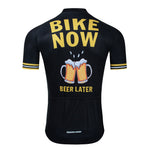 The Bike Now Beer Later Cycling Jersey Set is a black beer-themed jersey featuring yellow and white text with BIKE NOW, BEER LATER and two frothy clinking mugs on the back. It includes white and yellow striped sleeves, ideal for cycling enthusiasts who love a good ride and brew.