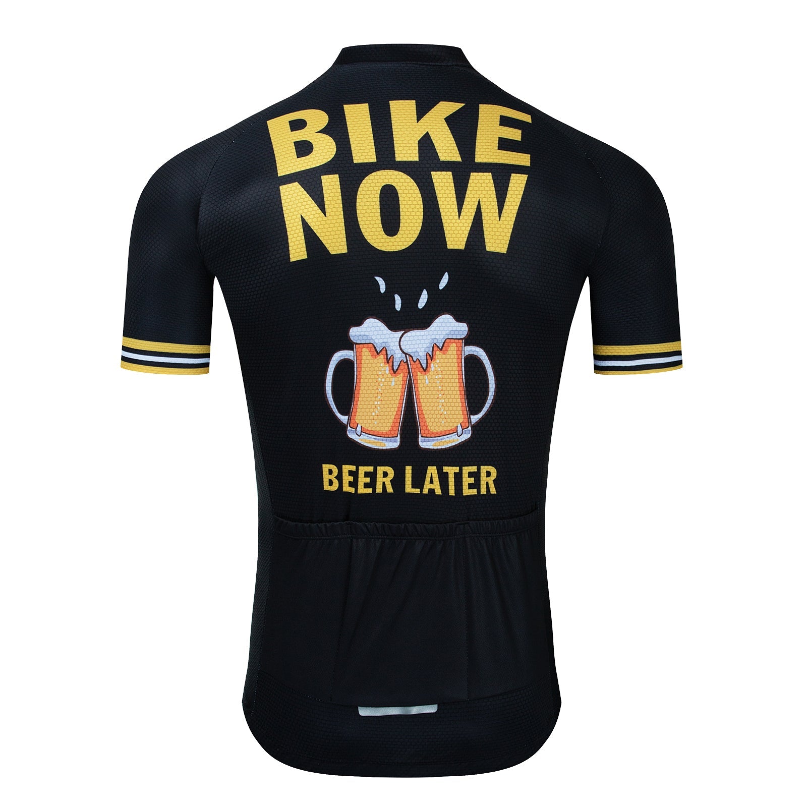 The Bike Now Beer Later Cycling Jersey Set is a black beer-themed jersey featuring yellow and white text with BIKE NOW, BEER LATER and two frothy clinking mugs on the back. It includes white and yellow striped sleeves, ideal for cycling enthusiasts who love a good ride and brew.
