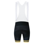 The Bike Now Beer Later Cycling Jersey Set includes bib shorts with a white upper, black lower section, and breathable gel seat pad. Stripes in blue, yellow, and black adorn the leg hems to match the jersey’s style.
