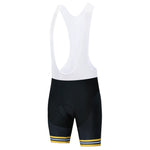 The Bike Now Beer Later cycling jersey set features black and white bib shorts with yellow and white leg stripes, a sleeveless design with white shoulder straps, and a gel seat pad for comfort on long rides.