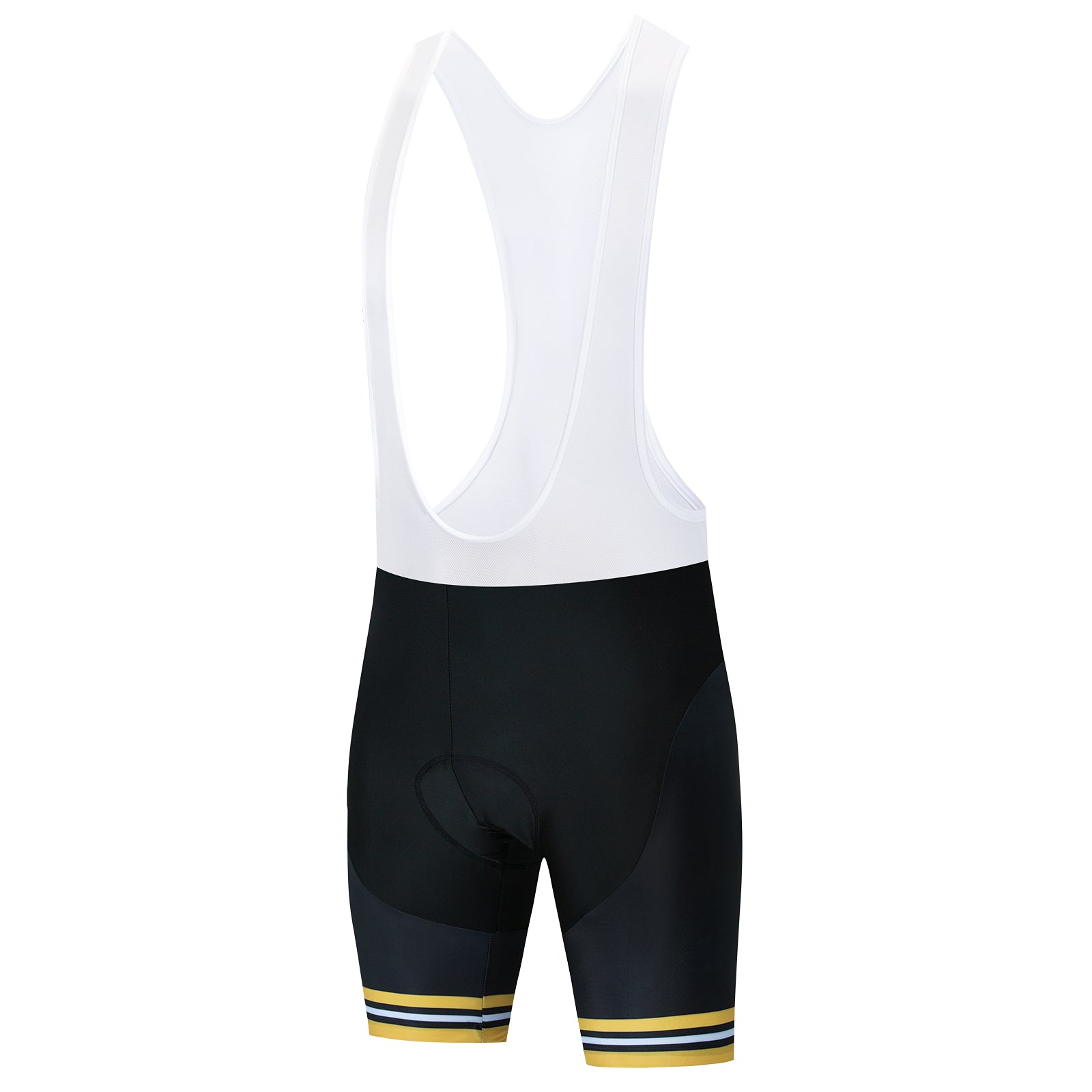 The Bike Now Beer Later cycling jersey set features black and white bib shorts with yellow and white leg stripes, a sleeveless design with white shoulder straps, and a gel seat pad for comfort on long rides.