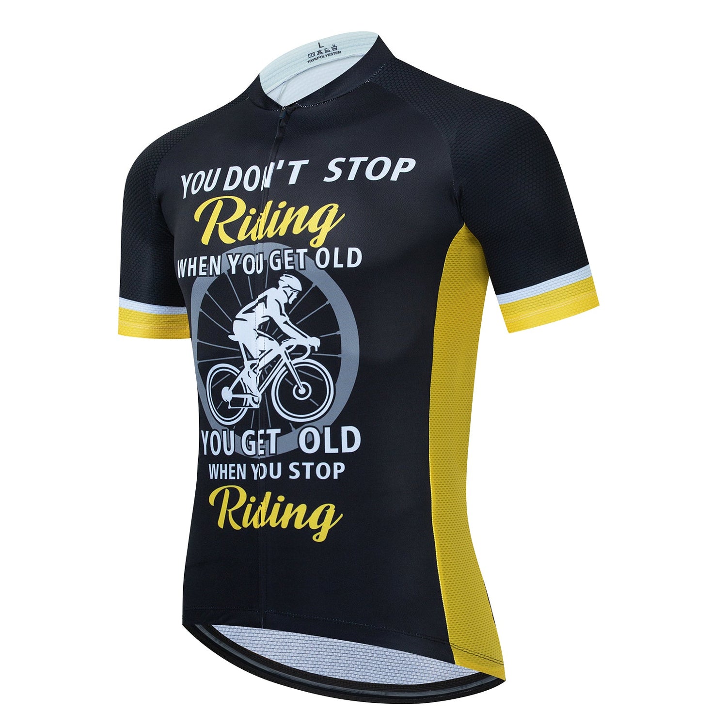 The Dont Stop Riding Cycling Jersey Set is a comfortable, breathable black and yellow short-sleeve jersey made from lightweight polyester, featuring a cyclist graphic and the text: YOU DONT STOP Riding WHEN YOU GET OLD, YOU GET OLD WHEN YOU STOP. Ideal for cycling enthusiasts.