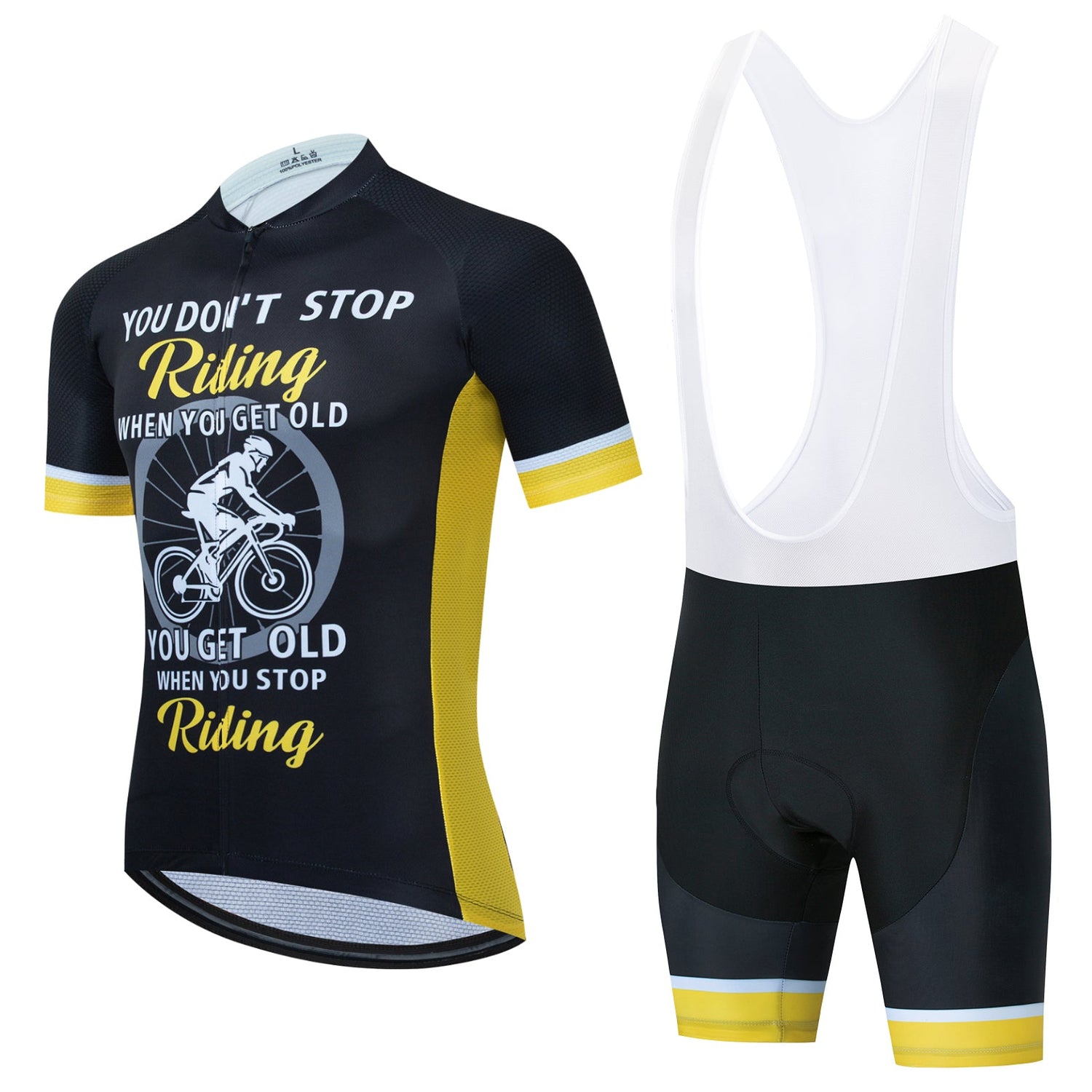 The Dont Stop Riding Cycling Jersey Set features a black and yellow design with a cyclist graphic and the phrase, You dont stop riding when you get old, you get old when you stop riding. Made from lightweight polyester, its comfortable and breathable for long rides.