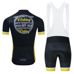 The Dont Stop Riding Cycling Jersey Set includes a black jersey with yellow accents and the quote You dont stop riding when you get old, you get old when you stop riding on the back. The matching bib shorts feature white straps and complementing yellow highlights for comfort and breathability.