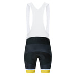 The Dont Stop Riding Cycling Jersey Set includes lightweight polyester bib shorts with a white mesh upper and black bottoms accented by yellow and light blue stripes. The design features breathable fabric and a padded seat for enhanced comfort on long rides.