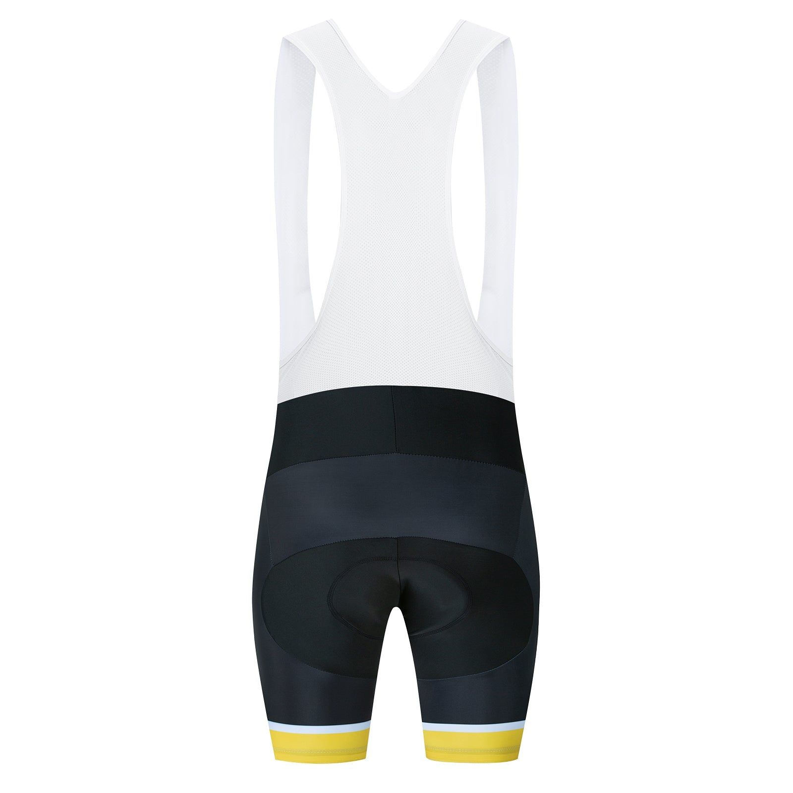 The Dont Stop Riding Cycling Jersey Set includes lightweight polyester bib shorts with a white mesh upper and black bottoms accented by yellow and light blue stripes. The design features breathable fabric and a padded seat for enhanced comfort on long rides.