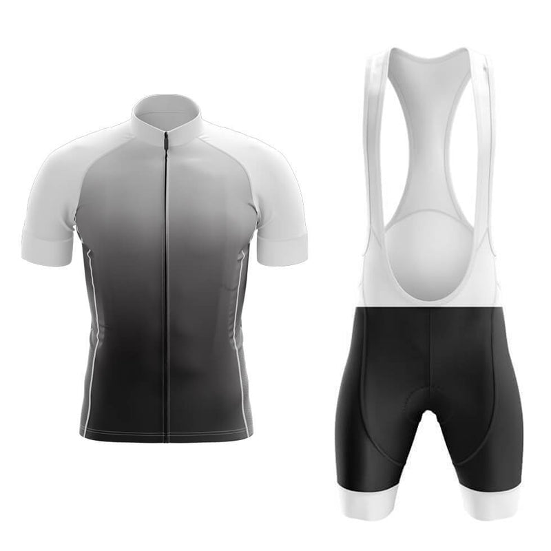 Front and back view of the White Shade Cycling Jersey Set. This breathable, short-sleeved jersey, made from lightweight polyester, features a gradient design from white at the shoulders to black at the bottom. The bib shorts are mainly black with contrasting white straps.