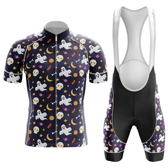 Embrace the spooky spirit with our Ghosts & Moons Halloween Cycling Jersey Set, featuring cartoon ghosts, skulls, stars, moons, and candy on a dark backdrop. This breathable performance set ensures comfort and style on eerie rides.