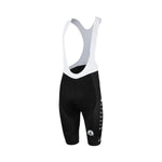 The Bahrain McLaren Le Col Bib Shorts feature a black and white design with attached straps, offering a minimalist and sporty aesthetic. Their sides display small vertical text similar to a cycling team jersey, perfect for cycling enthusiasts.