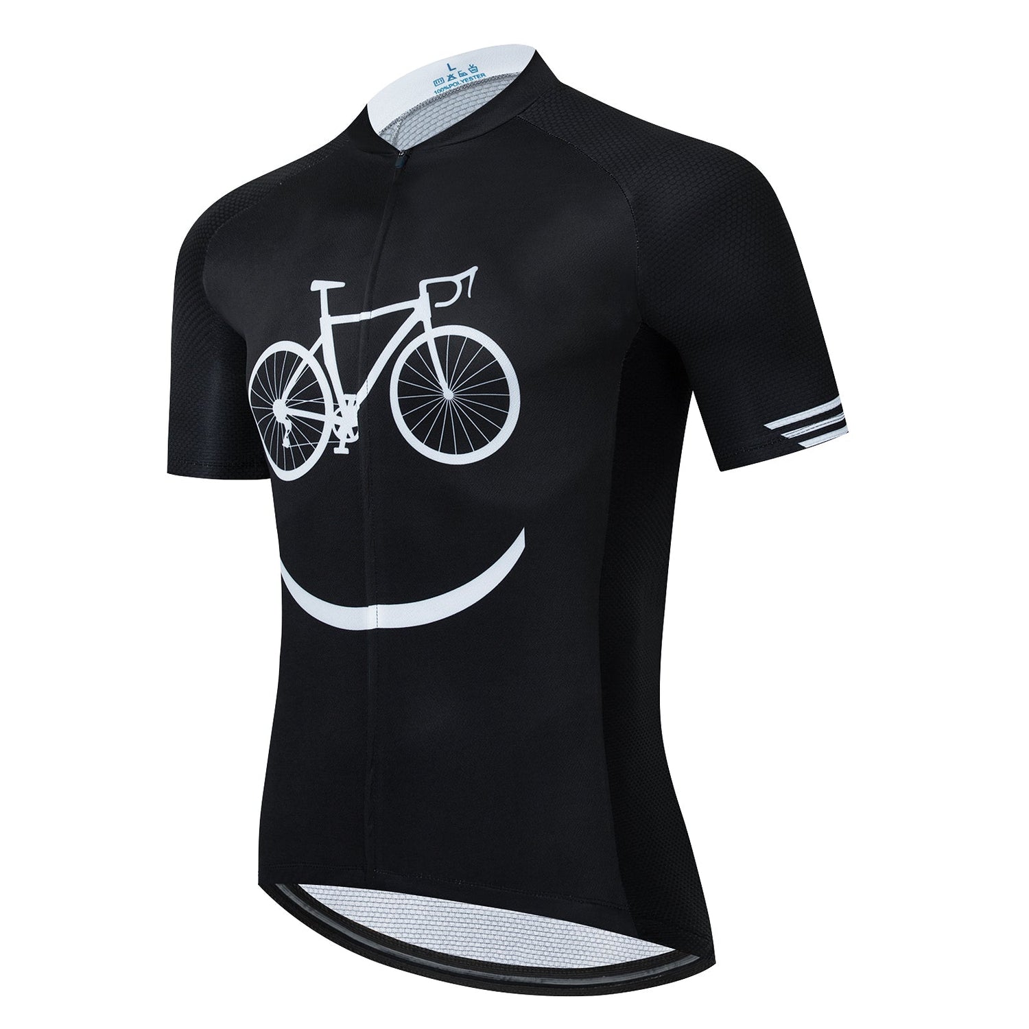 The Bike Smiley Face Cycling Jersey Set features a short-sleeve black jersey made from lightweight polyester, showcasing a unique white bike graphic that forms a smiley face.