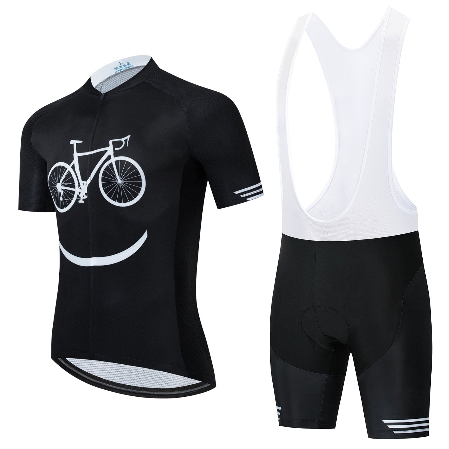 The Bike Smiley Face Cycling Jersey Set features a lightweight black polyester short-sleeve jersey with a white bicycle and smile graphic, paired with black and white bib shorts. Enjoy comfortable long rides thanks to the built-in gel seat pad.