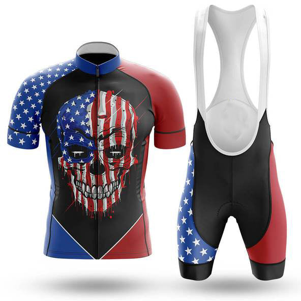 The American Skull Cycling Jersey Set is a lightweight polyester outfit with a patriotic design. It features an American flag skull pattern on the jersey and blue and red sections with flag motifs on the shorts, all set against a plain white background for an iconic appearance.