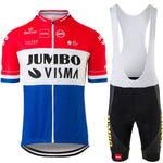 Experience top performance with the Jumbo Visma Pro Team Cycling Jersey Set, crafted from lightweight polyester, featuring a pro team short-sleeve jersey in red, white, and blue paired with black bib shorts showcasing Jumbo in bold yellow on the side.
