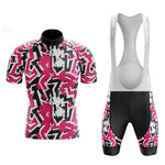 The Jazzy Pink Retro Cycling Jersey Set, made of lightweight polyester, includes a short-sleeve jersey and bib shorts with vibrant pink, black, and white abstract retro patterns. The shorts feature matching side designs with a gel seat pad for comfort, along with solid black panels and white straps.
