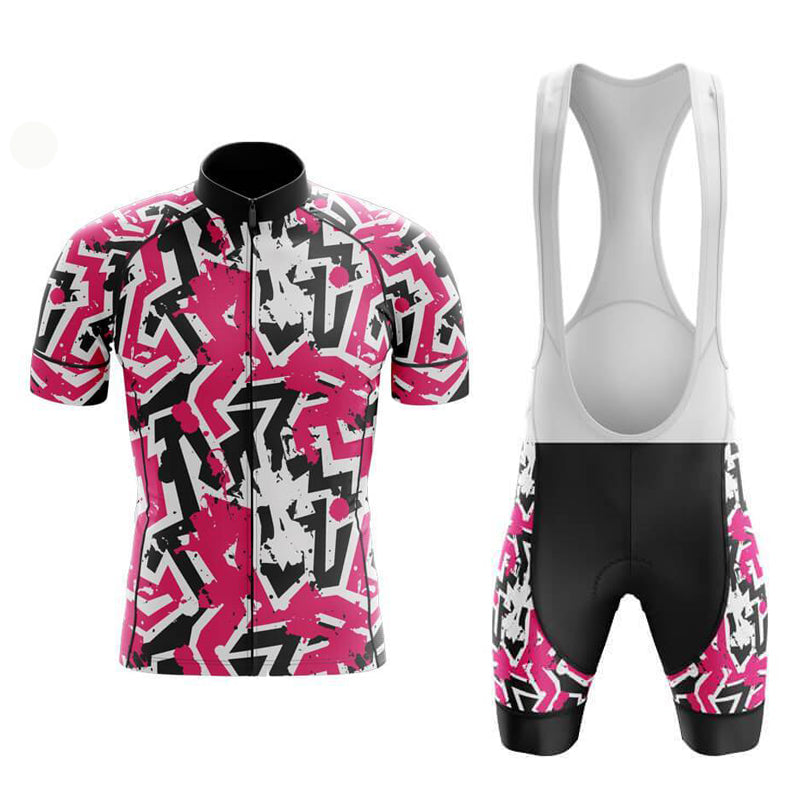 The Jazzy Pink Retro Cycling Jersey Set, made of lightweight polyester, includes a short-sleeve jersey and bib shorts with vibrant pink, black, and white abstract retro patterns. The shorts feature matching side designs with a gel seat pad for comfort, along with solid black panels and white straps.