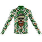 Show your festive spirit with the Lucky Irish Skull Long Sleeved Retro Cycling Jersey, featuring a skull in a green top hat, an orange beard, shamrocks, and colorful polka dots in green, orange, and white for St. Patricks Day flair. Fleece option available.