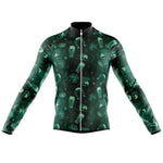 The Lucky Irish Long Sleeved Retro Cycling Jersey flaunts dark and light green St. Patricks Day patterns with clovers, beer mugs, and leprechaun hats. It features a black collar and full front zipper, perfect for festive rides in style. Fleece option available.