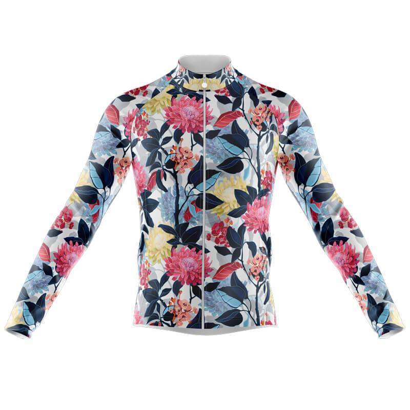 Try the Floral Red and Blue Cycling Jersey featuring red, pink, and blue flowers on a white background. It includes a front zipper and an aerodynamic design. For cooler rides, consider the fleece-lined version.