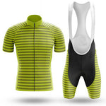 The Green Stripes Cycling Jersey Set features a lightweight polyester jersey in lime green with horizontal stripes and a front zipper for breathability. The black bib shorts have lime green leg stripes and white straps, combining style and comfort. Front and back views available.