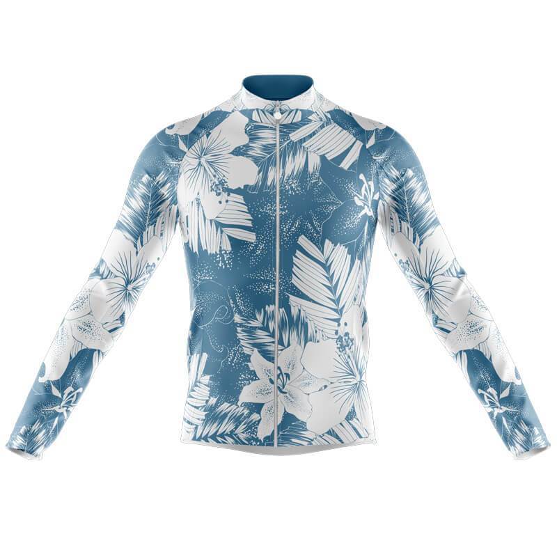 The Floral Blue Lily Cycling Jersey, available with a fleece option, features long sleeves and a striking blue and white floral pattern with large symmetrical flowers and leaves. Its zippered front and fitted shape ensure style and comfort on your rides.