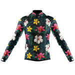 The Floral Big Yellow Pink Cycling Jersey features a vibrant tropical design with yellow and pink flowers and green leaves on black. This long-sleeved jersey, ideal for cyclists, combines style with practicality.