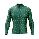 The Green Weed Retro Cycling Jersey features long sleeves, a high collar, and a front zipper. Its dark green fabric is decorated with light green cannabis leaves, making it ideal for style-conscious cyclists.