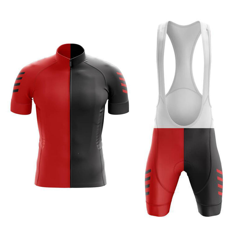 The Red Split Cycling Jersey Set, made from lightweight polyester, includes a short-sleeved red and black jersey with striped sleeves and matching bib shorts featuring red and black panels, a white strap, and a gel seat pad for comfort.