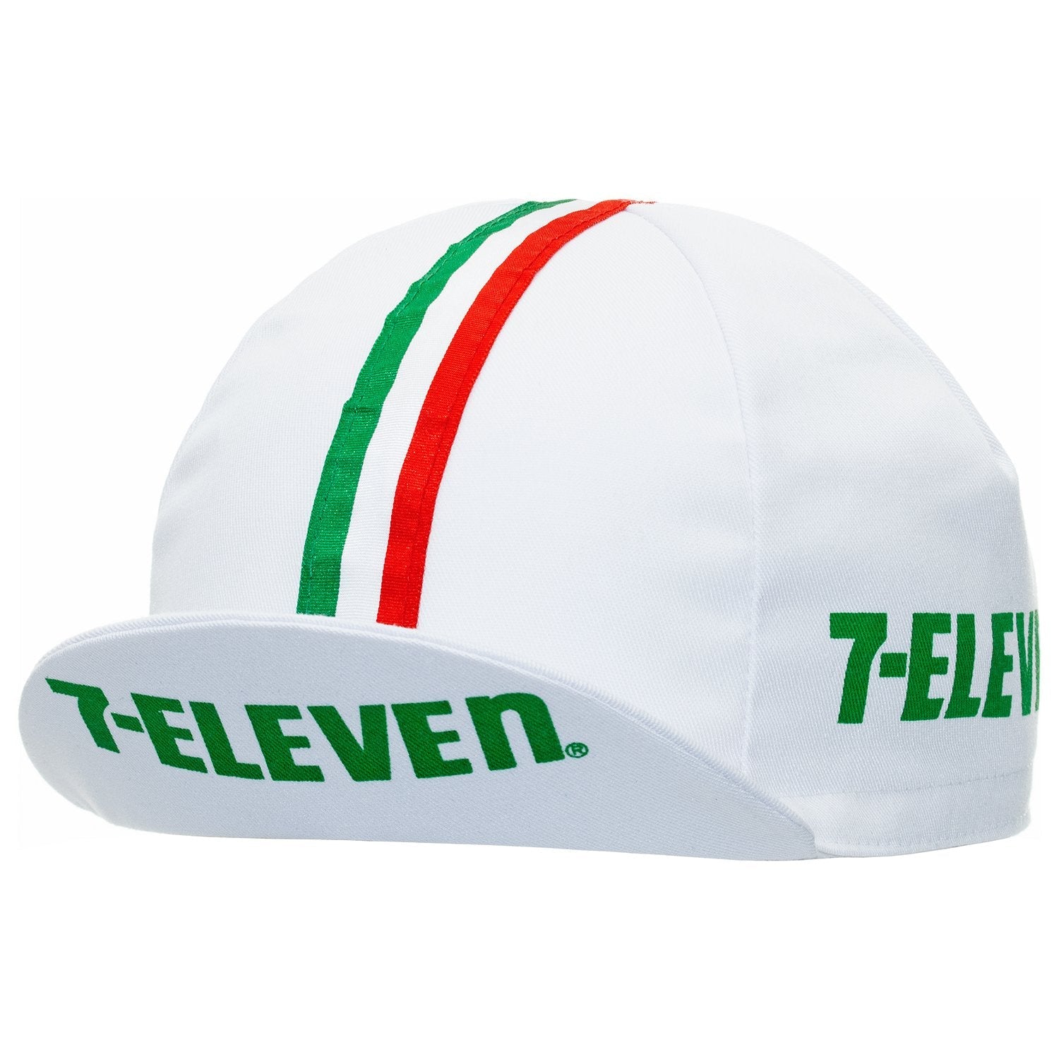 The 7-ELEVEN Retro Cycling Cap features a classic vintage design with 7-Eleven on the side and front. This white cap is accented by vibrant red and green stripes, embodying the timeless charm of cyclings golden era.