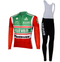 Capture nostalgia with the 7-Eleven Retro Cycling Jersey Long Set. Its green, red, and white design paired with fleece-lined black bib tights featuring Eddy Merckx bikes branding ensures warmth and style for cooler rides.